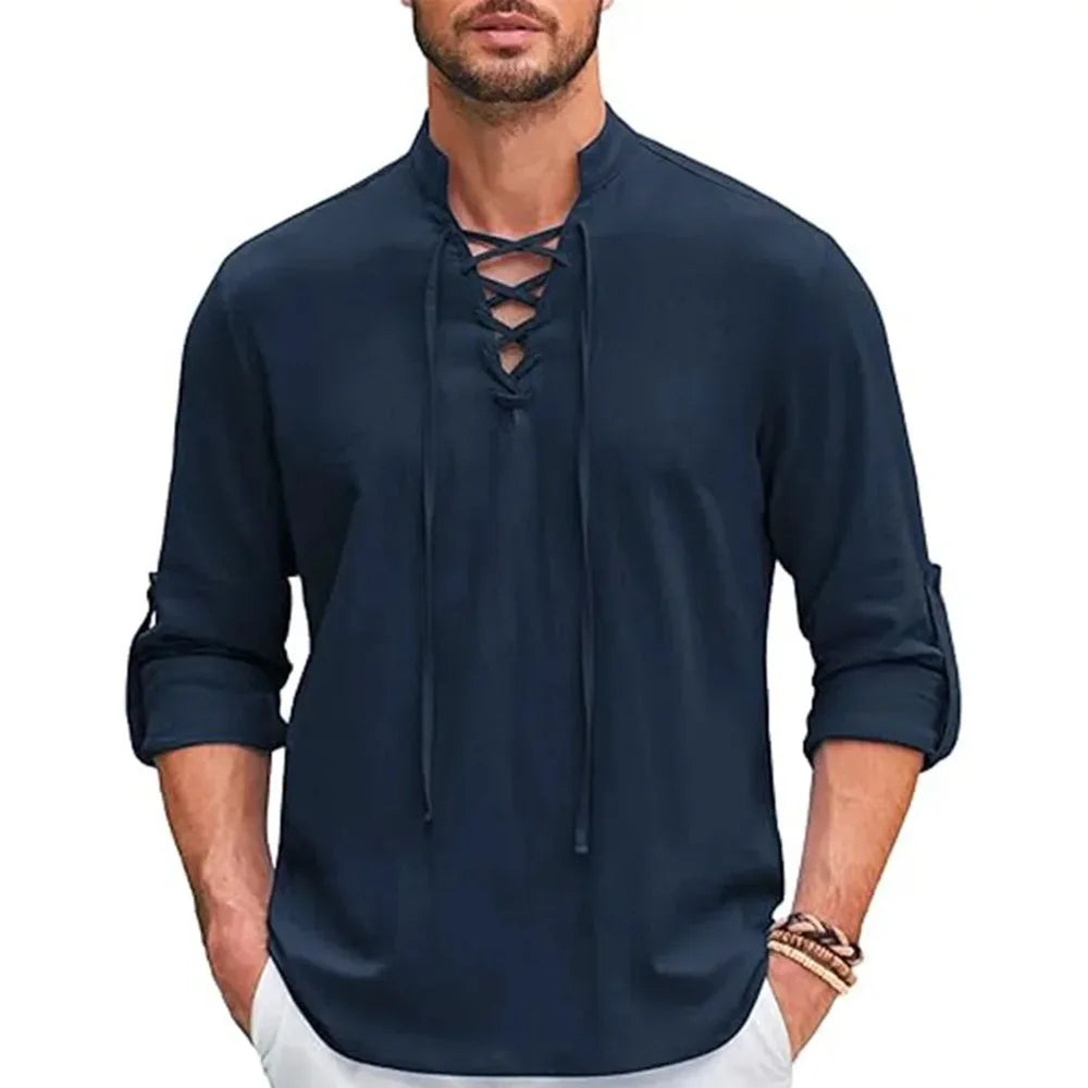 Men's Long Sleeve Lace-Up Henley | Vintage V-Neck Casual Shirt