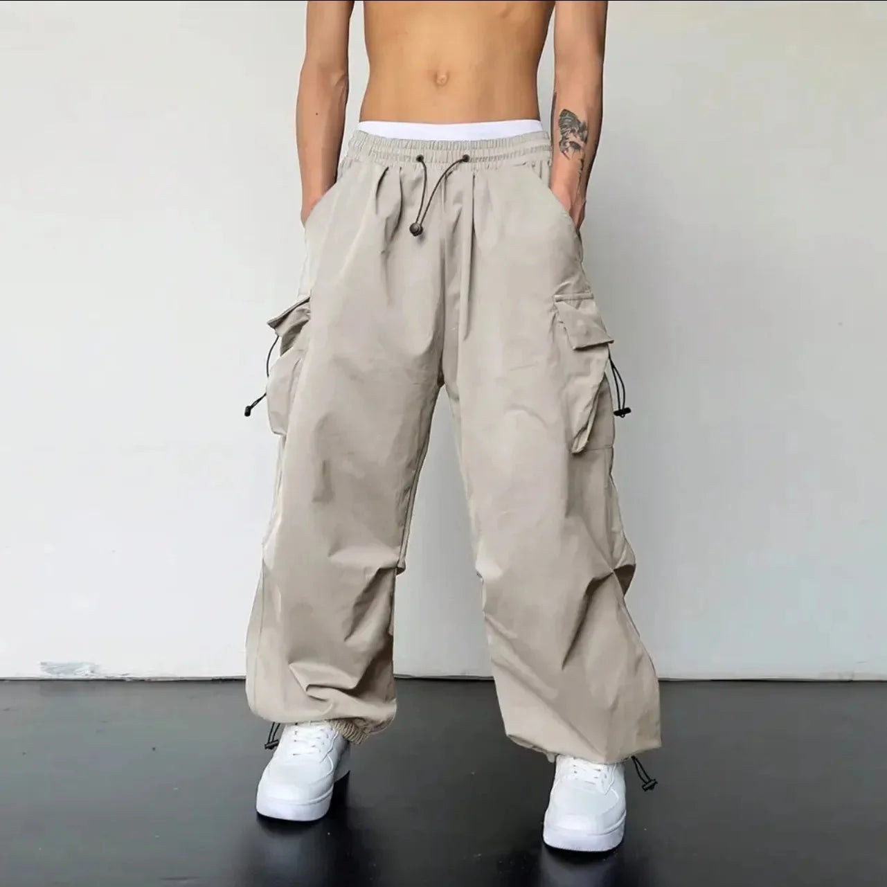 Men's Parachute Cargo Pants | Wide-Leg Streetwear Trousers