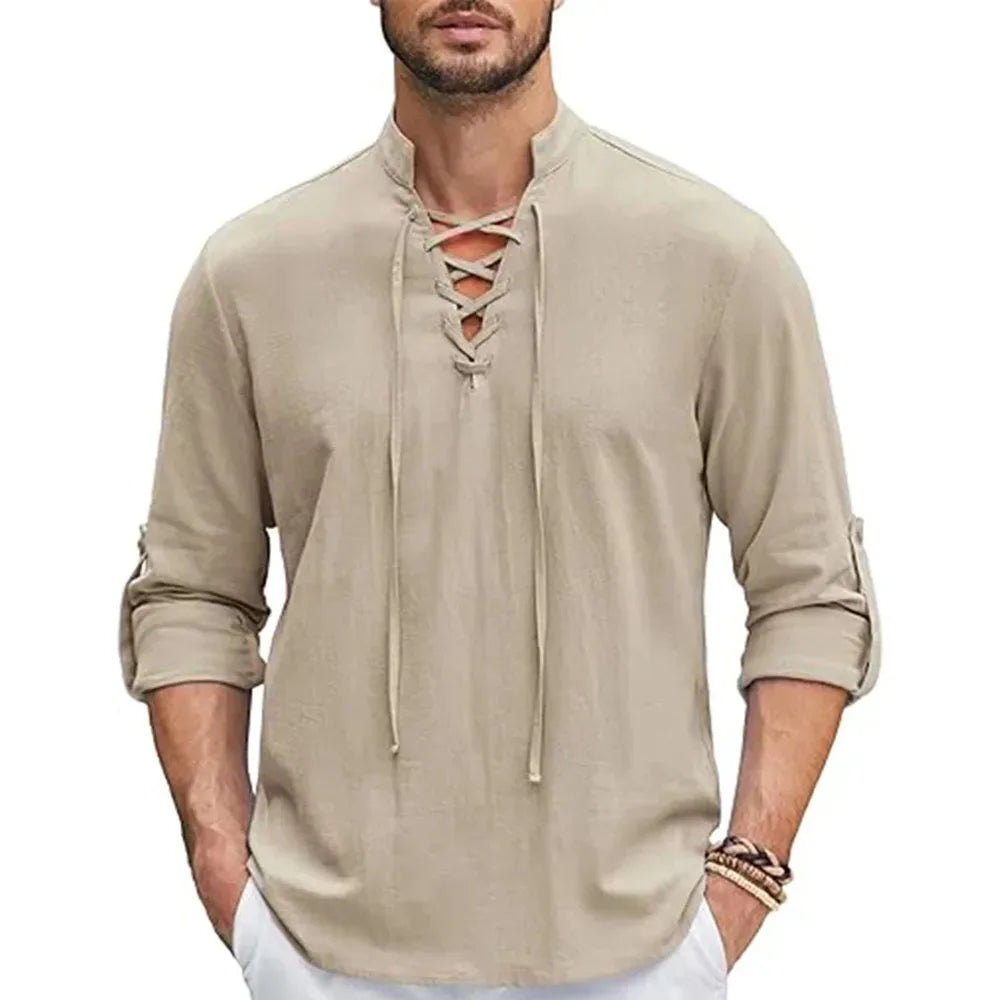 Men's Long Sleeve Lace-Up Henley | Vintage V-Neck Casual Shirt