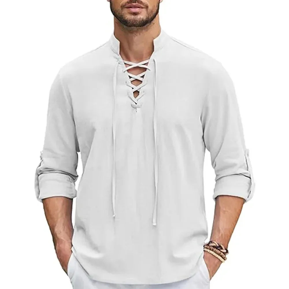Men's Long Sleeve Lace-Up Henley | Vintage V-Neck Casual Shirt