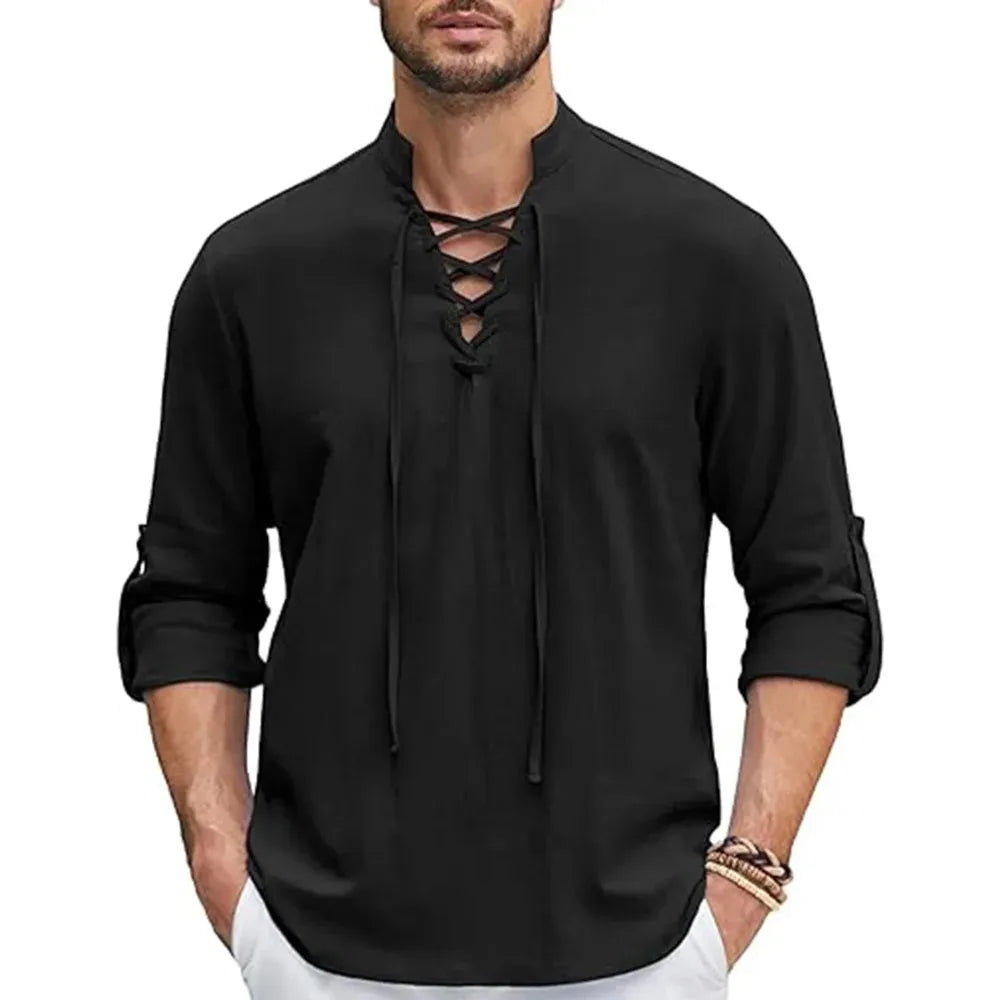 Men's Long Sleeve Lace-Up Henley | Vintage V-Neck Casual Shirt