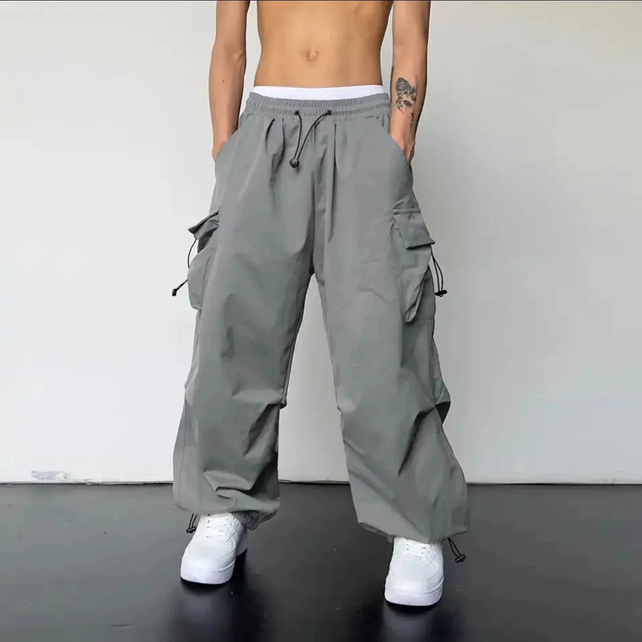 Men's Parachute Cargo Pants | Wide-Leg Streetwear Trousers